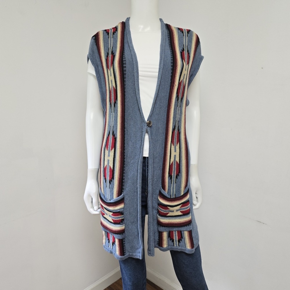 Chaps Denim Sweater Knit Vest Womens Size 1X Southwestern Aztec Pockets Rustic